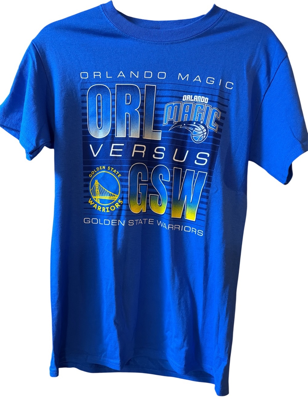Orlando Magic vs Golden State Warriors Blue Graphic Tee NBA t-shirt men’s small
